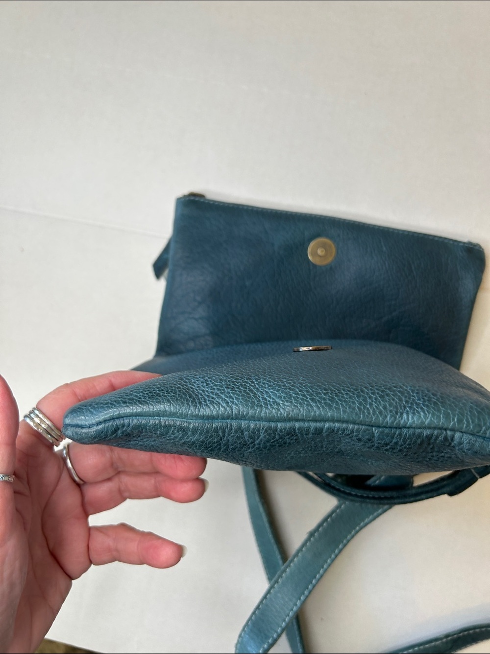 AMSTERDAM HERITAGE LEATHER CROSSBODY TEAL GREEN STRUCTURAL FOLD OVER PURSE - Picture 10 of 10